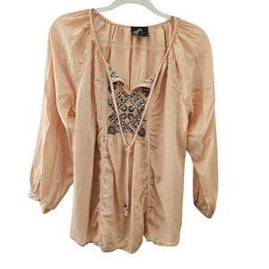 Angie Small Boho Bell Sleeve Peasant Top Peach Embroidered